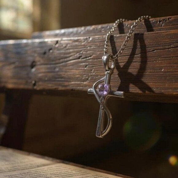 Sterling Silver Cross Pendant Necklace – Purple Amethyst Gemstone 18" Chain - Picture 5 of 8